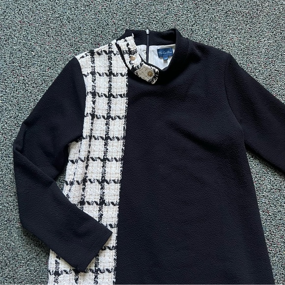 White Gold Tweed & Black Colorblock Mockneck Thick Modest Formal Pencil Dress S - Picture 9 of 16